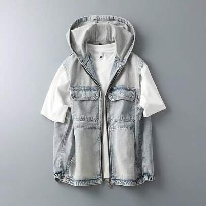 Spring And Autumn New Men's Casual Denim Jacket Vest Hooded Coat One Piece