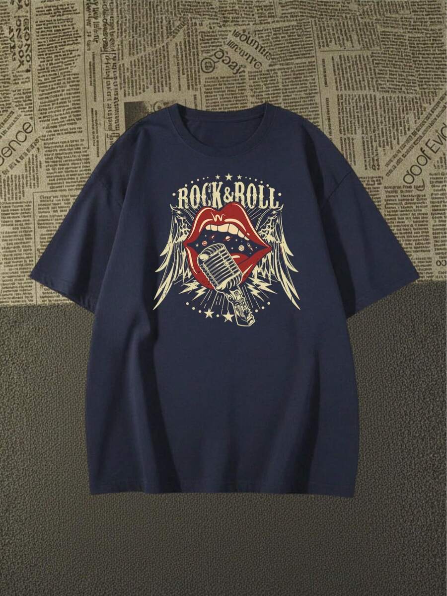 Premium Cotton Rock And Roll T-Shirt With Exclusive Language 2026 - 藏蓝色 - 查看 1