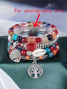 4pcs Elegant Heart Life Tree Shell Pendant Beaded Bracelets, Suitable For Daily, Birthday, Party, Holiday - Colorful - View 2