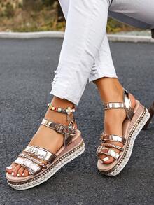Sandalias de tacón alto con suela de cuerda para mujer, tacón de cuña, punta abierta, lazo, zapatos de plataforma con tacón grueso, adecuados para verano y primavera - Oro rosa - Ver 6