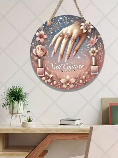 1pc 10/12Inch Room Decor 1pc Nail Couture Studio Wooden Wall Decor Sign, Round Nail Salon Theme Wooden Art, Flat Printed Hanging Picture For Bar, Cafe, Club, Kitchen