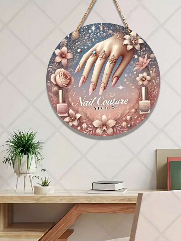 1pc 10/12Inch Room Decor 1pc Nail Couture Studio Wooden Wall Decor Sign, Round Nail Salon Theme Wooden Art, Flat Printed Hanging Picture For Bar, Cafe, Club, Kitchen