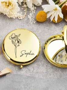 1个个性化刻字不锈钢便携镜，饰有生日花图案 - 可定制姓名，适合女性、伴娘、求婚、婚礼、生日、圣诞节等场合，优雅便携，可定制姓名 | 精致便携镜 | 刻字配饰 - 彩色 - 查看 11