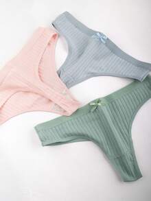 6 Pack Plus Size Women's Solid Color Underwear With Bow Decoration, Elegant T-Back Design For Daily Comfort And Style,Panties For Women Cotton,,Plus Size Summer - 彩色 - 查看 6