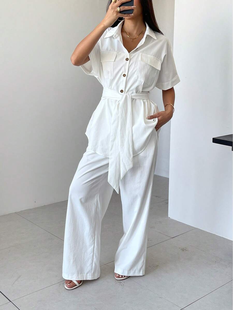 Women's Elegant Turndown Collar Solid Color Loose Fit Single Breasted Short Sleeve Jumpsuit, Casual Summer - White - View 1
