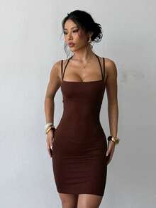 Đầm hè màu trơn cổ vuông hở lưng, vui lòng đặt hàng theo bảng kích cỡ. - Màu nâu  Mocha - Xem 5