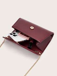 2025新款时尚银色金属晚宴包，女士PU皮革亮面镜面翻盖手拿包，优雅派对单肩包配链条钱包 - 酒紅色 - 查看 6