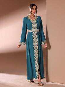 雪纺V领长袖镶嵌蕾丝腰带超长款女士阿拉伯连衣裙 春季 - 水鴨藍 - 查看 6