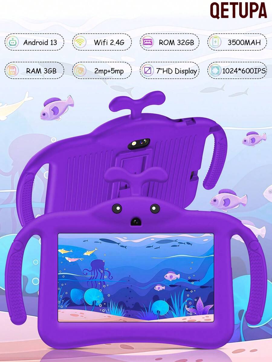 Qetupa 3GB RAM + 32/64GB Whale 7-Inch Tablet PC For Kids / 1.3GHz Quad-Core Processor / Android 13 System / MTK8321 Chip / 1024x600 HD IPS Display / 2MP + 5MP Dual Camera / 3500mAh Large Battery / WiFi Compatible, Parental Control - Violet Purple - View 1