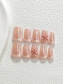 10片装温柔迷人亚克力美甲套装，亚克力压制甲片，手工五瓣粉色渐变花朵美甲装饰，裸色法式风格，是送给女性和女孩的理想礼物，包含美甲工具（1片果冻贴+1个指甲锉），3种尺寸：杏仁形、鸭嘴形、棺材形，适合日常、派对、摄影、婚礼、办公室等场合。手工压制美甲用品 - 彩色 - 查看 16