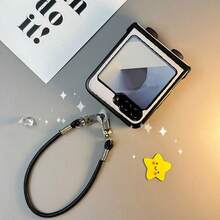 可爱趣味熊猫白色手机壳，带皮质挂绳，兼容三星 Galaxy ZFlip7、Z Flip6、ZFlip 5，防震后盖 - 白色 - 查看 7