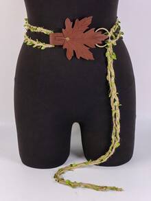 一套绿色叶子手工编织绳和PU皮革扣环，复古维京市场LARP精灵森林角色扮演服装道具DIY挂绳，文艺复兴时期万圣节、狂欢节、斋月配饰 - 彩色 - 查看 4