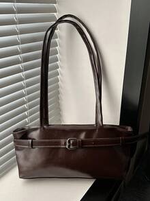 1pc Vintage Large Capacity Tote Bag, Commuter Oversized Underarm Bag, Fashion Motorcycle Handbag, PU Solid Color Oiled Wax Leather, Strap Decor, Zipper Closure, Women's Shoulder Bag For Work, College Student Backpack, Short Trip, Vacation, Shopping, Business, Suitable For Daily Use - Coffee Brown - View 8