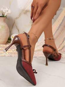Giày sandal buộc nơ màu trơn, giày cao gót quai ngang kín mũi mới cho nữ mùa hè, giày cao gót mũi nhọn thời trang. - Đỏ - Xem 5