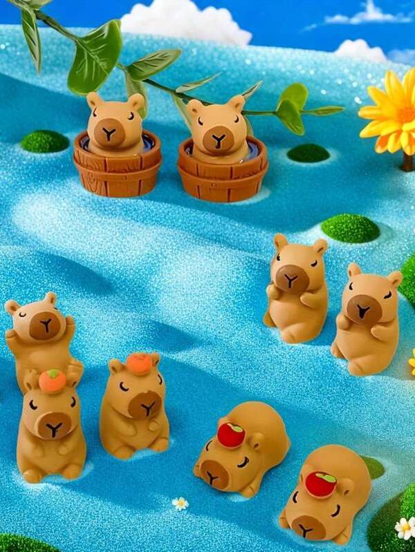 11pcs Set, 1 Mini Luggage Storage Box + 10 Resin Capybara, Suitable For Outdoor Garden Micro Landscape, Potted Plants, Car Decor And Animal Lovers Gifts