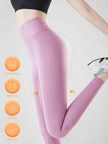 High-Waisted Yoga Pants With Pockets, Featuring A Solid Color, Soft Fabric, Excellent Elasticity, Medium Support, And A High-Waisted Design That Lifts And Shapes The Buttocks. Suitable For Running, Fitness, And Casual Wear. - 淡紫色 - 查看 3
