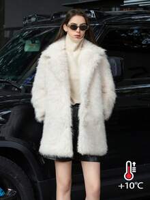 Women's Vintage Solid Color Faux Fur Oversize Coat, Loose Casual Long Sleeve Lapel Jacket, Thick Warm Winter Outerwear - White - View 10