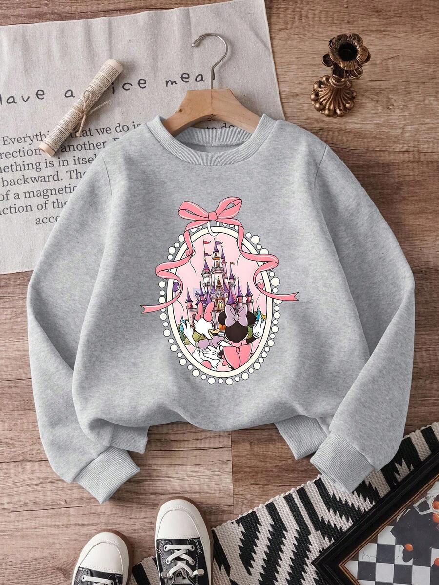 1pc Disney Minnie Mouse Polka Dot Bow & Disney Castle Firework Commemorative Print Tween Girls Cute Sweatshirt, Soft & Skin-Friendly, Ideal For Disney Park Visits And Daily Casual Wear - Xám - Xem 1