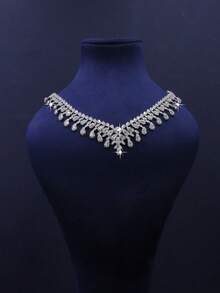 5件套奢华皇家风格水滴流苏新娘首饰套装，包括项链、手链、耳环、戒指，适合日常婚礼佩戴，结婚周年纪念礼物（附赠金色礼盒） - 白色 - 查看 5