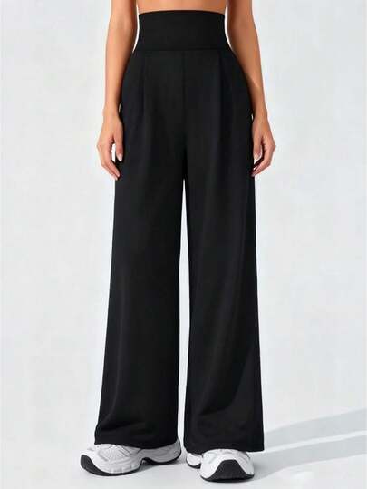 Women's Casual Yoga Pants Solid Color Elastic High Waist Loose Trousers With Pockets