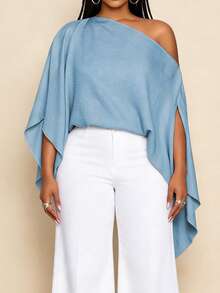 Women's Plus Size Flowy Tops Solid Color Batwing Sleeve Off One Shoulder Loose Fit Blouse Casual Beach - Teal Blue - View 2