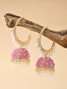 1 Pair Fashionable Alluring Crystal Flower Pendant Earrings, Bollywood Style Faux Pearl Pendant Jewelry, Elegant Traditional Pakistani Jhumka Earrings, Suitable For Women's Daily, Festival, Wedding, Party Wear, Also A Precious Jewelry Gift - Birdcage Pendant - View 20