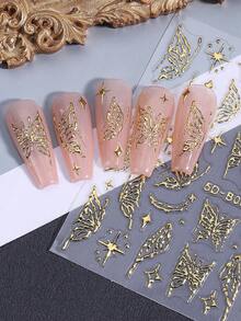 2pcs 5D Embossed Gold Butterfly & Star Spring Nail Art Stickers, Gold Line Butterfly Glitter Luxury Embossed Nail Decals, DIY Japanese Nail Art Self-Adhesive Decorations Nails Nail Supplies - Gold - View 5