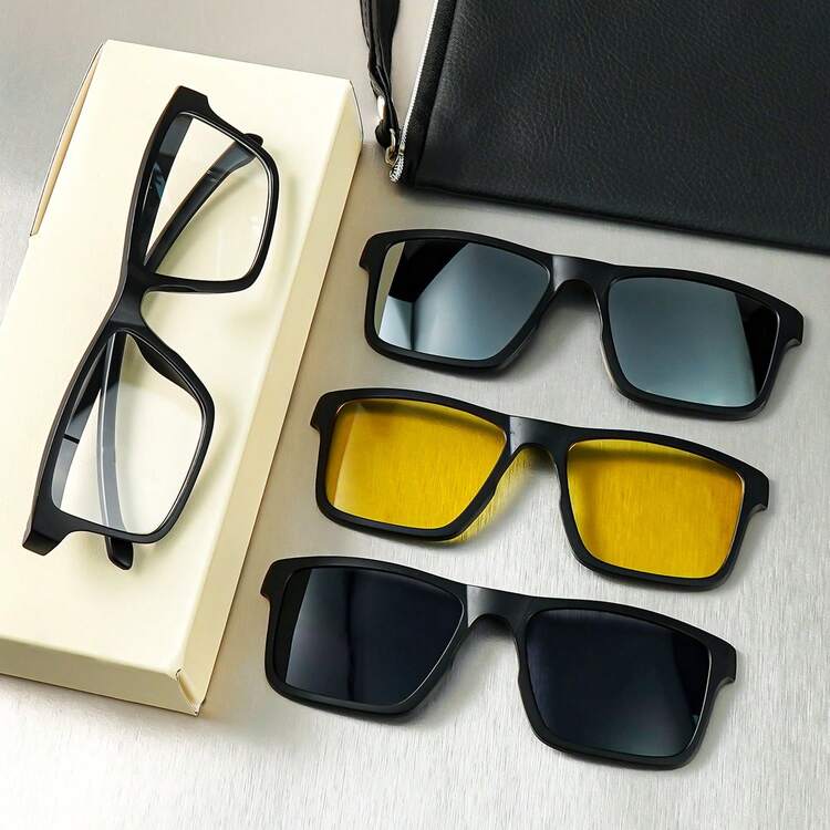 cabecade 1 Set New Fashion Magnetic Clip-On Sunglasses, 1 Frame And 3 Interchangeable Lens With Storage Bag, Unisex Square Glasses Set, Combination Eyewear With More Options, Suitable For Women And Men - Multicolor - View 4