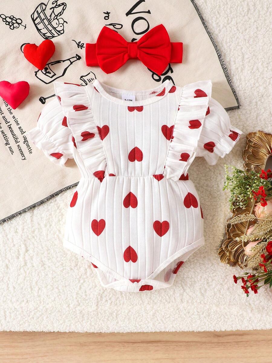 1pc Baby Girls Cute Heart Print Short Sleeve Bodysuit + Headband, Lightweight Summer Outfit - Red and White - View 1