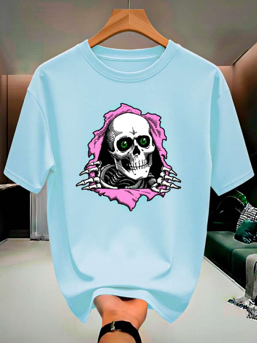 Skull Skeleton Streetwear T-Shirt, 100% Cotton, Men's And Women's Unisex Premium Shirt - 淺藍色 - 查看 1