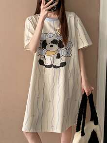 波点圆领女士睡裙，卡通字母印花条纹睡衣 - 杏色 - 查看 6