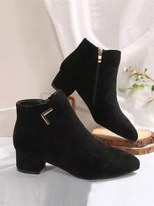 Stivaletti alla caviglia da donna con tacco alto chunky a punta, in colore unito, con esterno morbido e alla moda, cerniera laterale, adatti per l'autunno/inverno - nero - Visualizzare 6