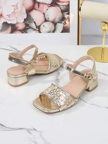 Girls' High-End Fashion Elegant Party Dress Sandals, Solid Color Open Toe High Heel Sandals, Breathable & Lightweight Formal Shoes, Mesh With Beaded Design, Suitable For Party, Performance, Banquet, Wedding, Square Toe High Heel Sandals - Gold - View 6