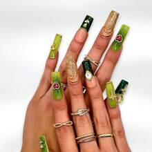 DiDaNail 10 PCS Handmade Square Press-On Nails | Pink-Green Religious Luxe Style With Pink & Green Bases, Cross & Gem Frame Embellishments - Lime Green - View 3