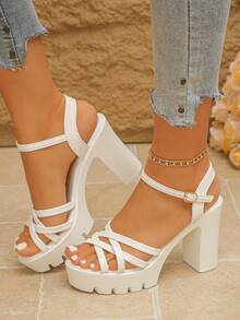 2026 New Arrival Round Toe Thick Bottom Chunky Heel Sexy Bare Strap Buckle Elegant Sexy Party Fashion Thick Platform High Heel Women Sandals - White - View 5