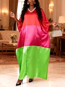 Elegant Women Long Loose Dresses Evening V Neck Batwing Sleeve African Fashion Shiny Party Bubu Dress - Red - View 3