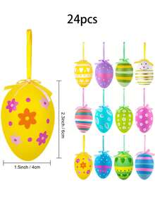 24个/12个复活节树挂饰，彩色塑料复活节彩蛋挂饰，手绘复活节彩蛋树挂饰，篮子DIY工艺品，复活节派对礼物，手工树挂饰，复活节彩蛋节日及派对装饰品 - 彩色 - 查看 8