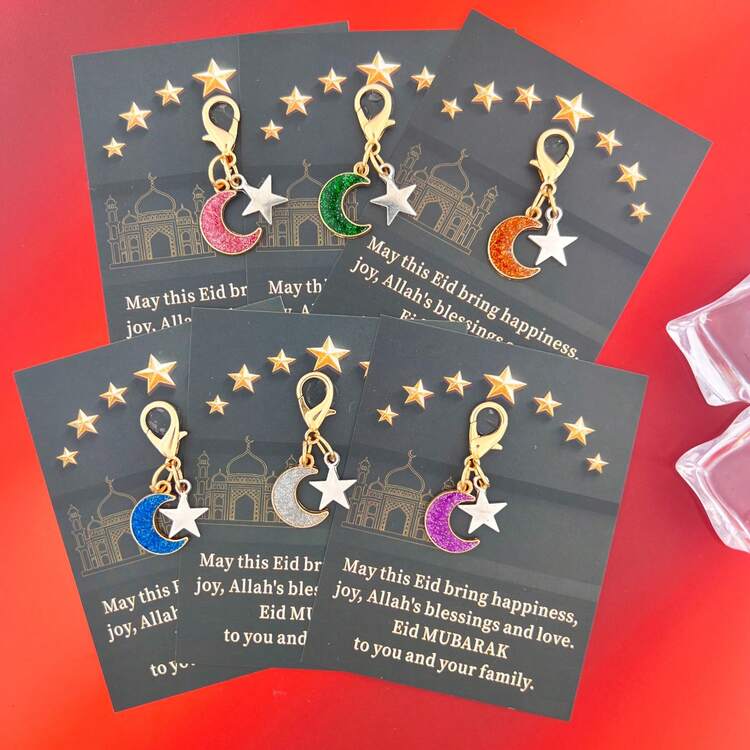 12pcs/6sets Eid Mubarak Gift Star & Moon Alloy Keychain Set, Includes Greeting Card - Zinc Alloy Keyrings, Ideal Gift For Family, Friends, Birthday, Exam, Graduation, Encouragement, Holiday Blessings, Long-Distance Care - Suitable For Women, Teachers, Moms, Best Friends - Six-colored Star and Moon - View 1