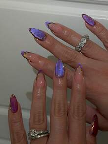 10片装女士及女孩手工杏仁形亚克力按压式假指甲 - 可爱猫眼造型，饰以金色线条，Y2K INS风，包含全套美甲工具，完美适用于派对、舞会、节日庆典、日常造型及特殊场合，是时尚可爱女性及少女的理想礼物。 - 彩色 - 查看 10