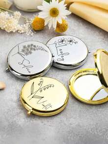 1个个性化刻字不锈钢便携镜，饰有生日花图案 - 可定制姓名，适合女性、伴娘、求婚、婚礼、生日、圣诞节等场合，优雅便携，可定制姓名 | 精致便携镜 | 刻字配饰 - 彩色 - 查看 3