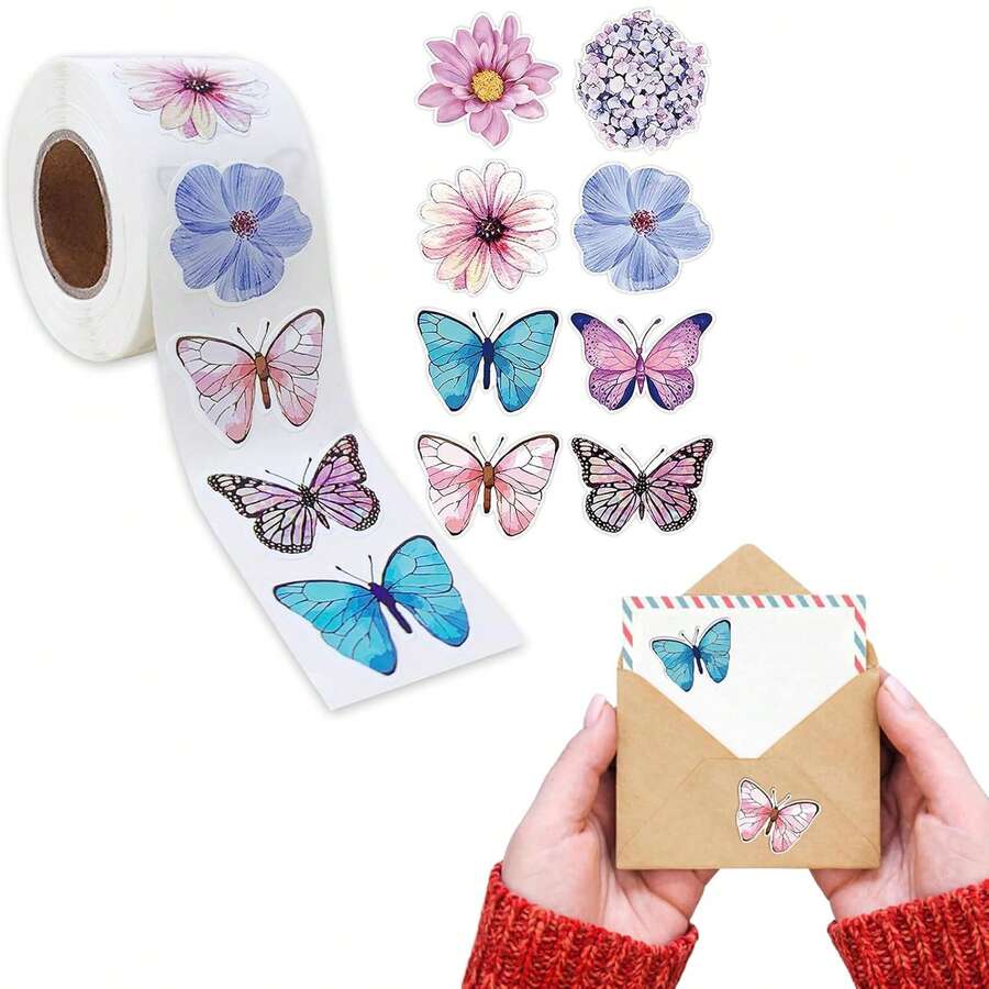500pcs Butterfly Flower Stickers Roll - Self-Adhesive, Butterfly & Flower Shaped Stickers For Decorating Gift Boxes, Glossy Surface Non-Sticky Labels, Suitable For Gifts And Crafts, Kitchen Preservation Products, Home Storage, Home Decor - Multicolor - View 1