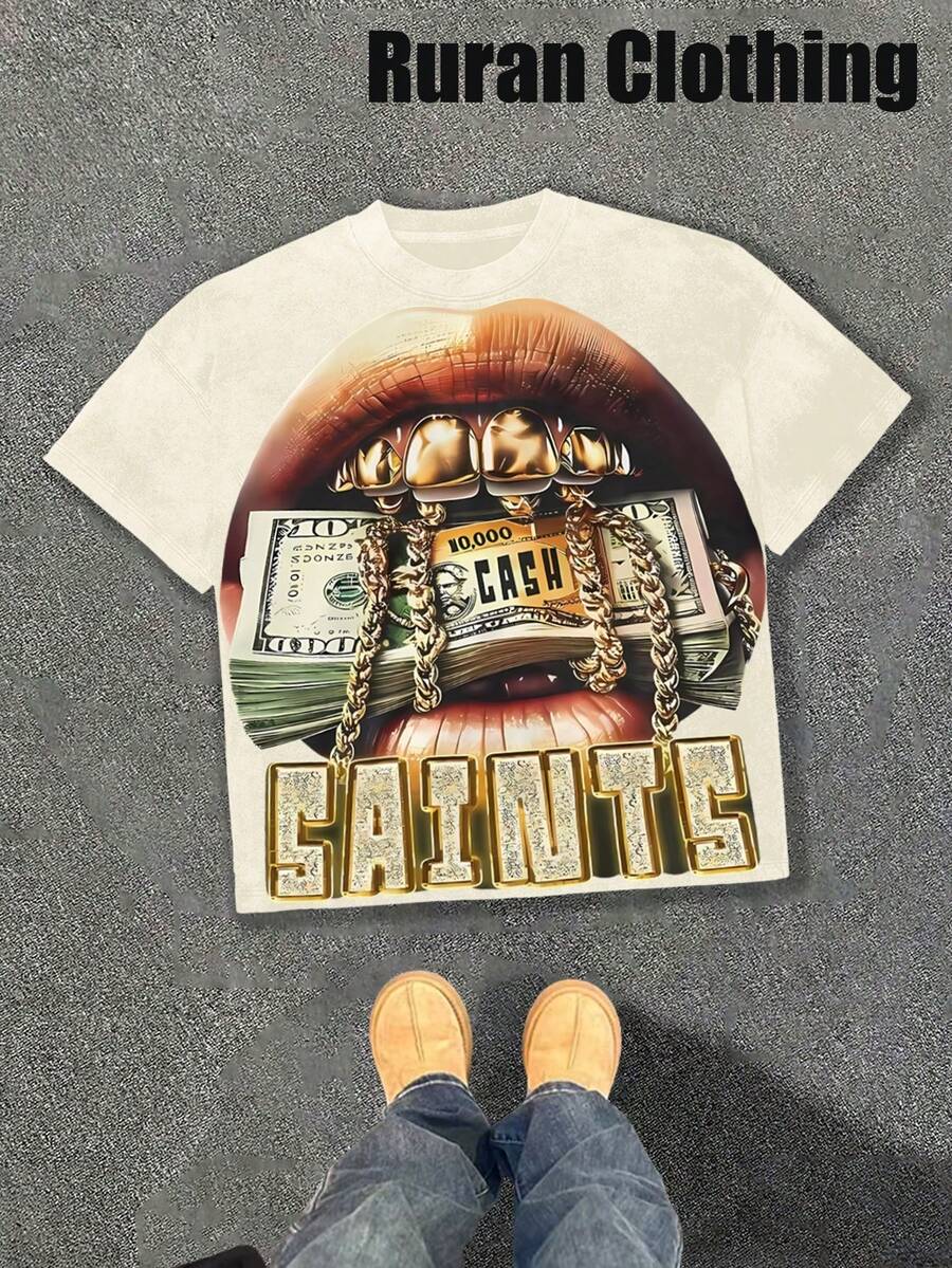 Money And Gold Tooth Stamps Y2K (Cotton T-Shirt) Men's Round Neck Pure Cotton Casual T-Shirt, Made Of High-Quality Cotton, Loose Style, Versatile, Unisex, Suitable For Vacation Travel! - Mơ 3 - Xem 1