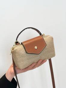 春夏新款女士迷你新月草编包，度假沙滩包，简约单肩包，磁扣饺子包，休闲可爱时尚手提包 - 卡其色 - 查看 4