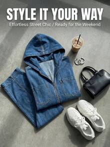 Women's Fashionable Hooded Denim Jumpsuit, Long-Sleeved Straight Loose Design, Lazy And Casual Style, New European And American High Street Pants For Autumn And Winter, Suitable For All Occasions, Women's Spring, Autumn And Winter Wear - 藍色 - 查看 2