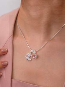 1pc Silver Necklace, Versatile Copper Alloy With Cubic Zirconia, Suitable For Dates, Gatherings, Gifts, And Daily Wear - Silver - View 2