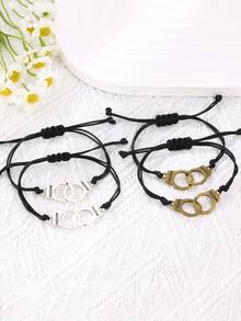 2件套潮流情侣友谊手链，欧美创意个性化自由合金手铐编织手链，情侣款 - 黑色 - 查看 8