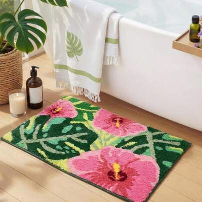 Alfombra de baño con estampado de bambú de caparazón de tortuga, alfombra de área, alfombra decorativa de piso impresa de lana sintética, material suave y esponjoso, alfombra de baño antideslizante con hojas de caparazón de tortuga tropical, alfombra de baño linda y lavable, felpudo de piso rosa y verde, adecuado para decoración interior de ducha y bañera