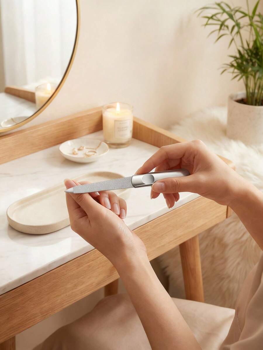 1pc Stainless Steel Double-Sided Nail File, Concave Handle, Sandpaper Nail File, Non-Slip Nail Clipper - Silver - View 1