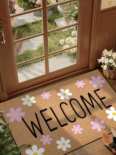 1pc Floral "Welcome" Pattern Doormat, Farmhouse Style Washable Polyester Fiber Mat, Suitable For Living Room, Kitchen, Bedroom, Entryway, Home Decor, Room Decor, All Seasons