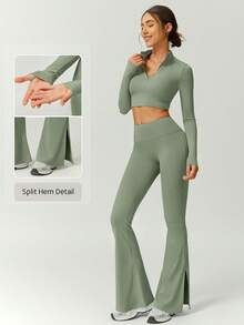 NcmRyu 1 Set Women Half Zip Mock Neck Thumb Hole Long Sleeve Split Flare Pants Sports Suit - Mint Green - View 1